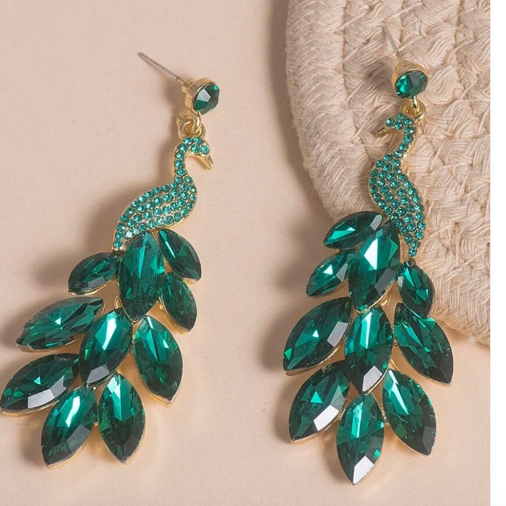 Peacock Bird Rhinestone Hipster Glam Chic Drop Earrings